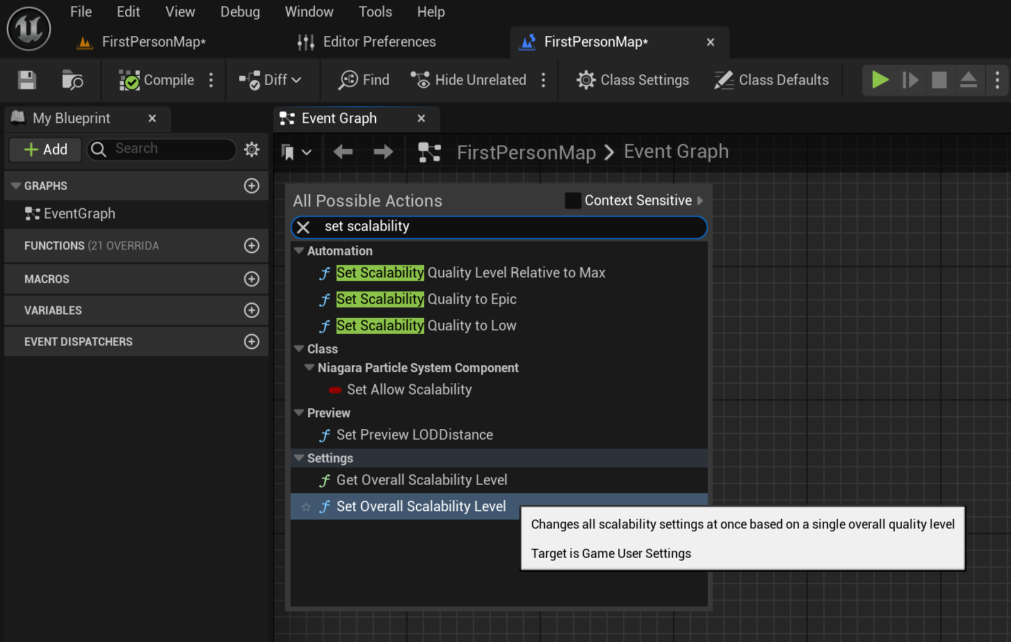 Game User Settings and Engine Scalability Settings - Overall Scalability Level