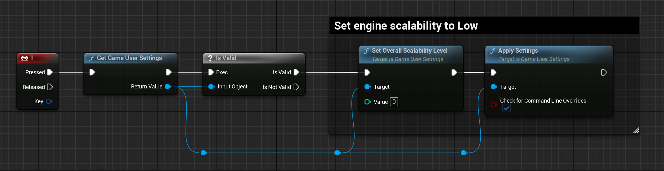 Game User Settings and Engine Scalability Settings - Bind Key 1 to Set Engine Scalability Level to Low