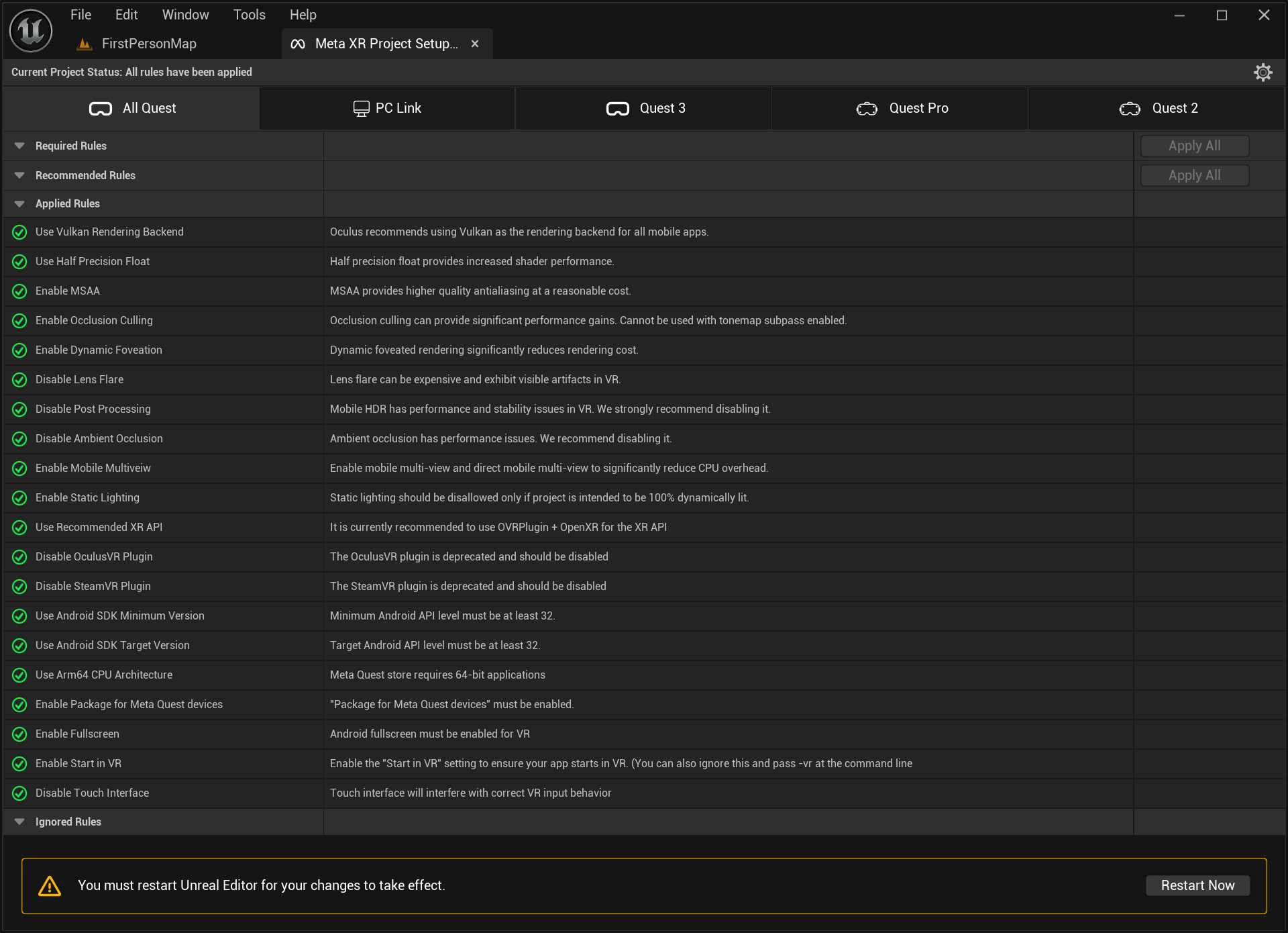 Meta XR Plugin - Project Setup Tool (Apply All and Restart Editor Prompt)