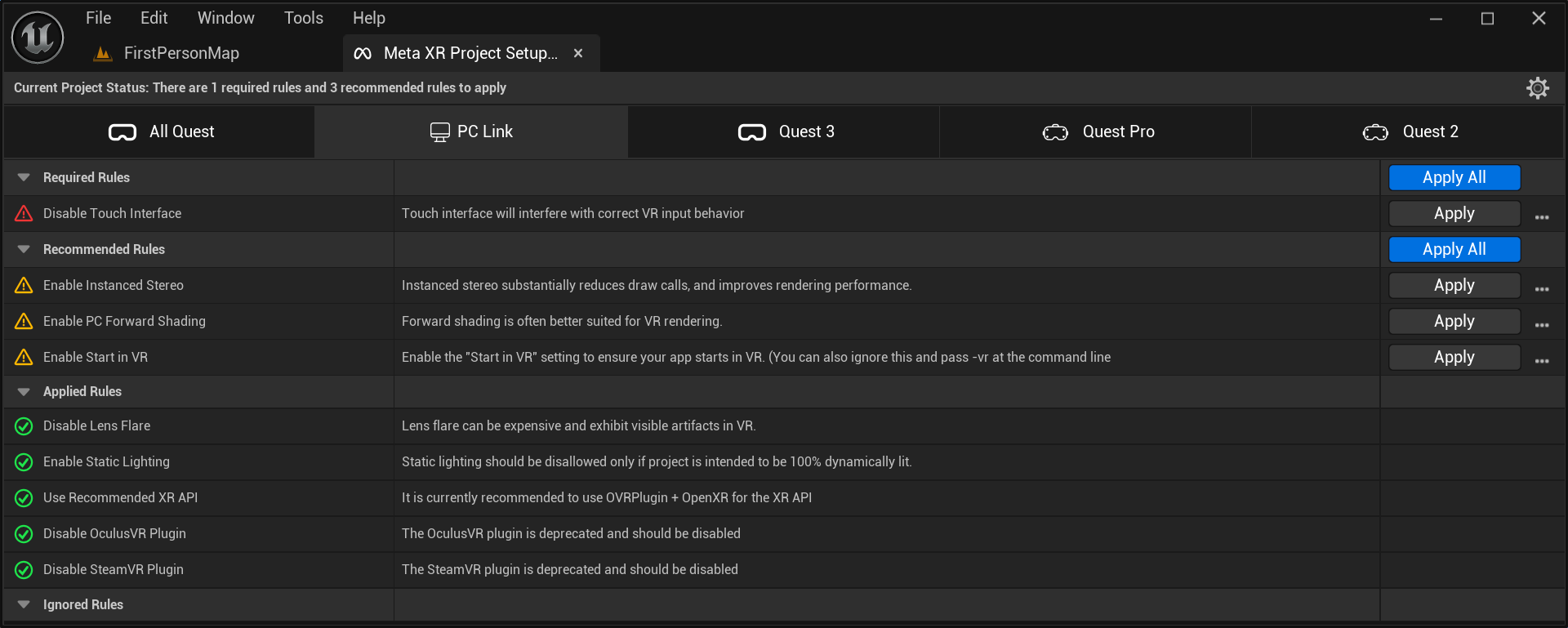 Meta XR Plugin - Project Setup Tool (Unoptimized Settings - PC Link Tab)