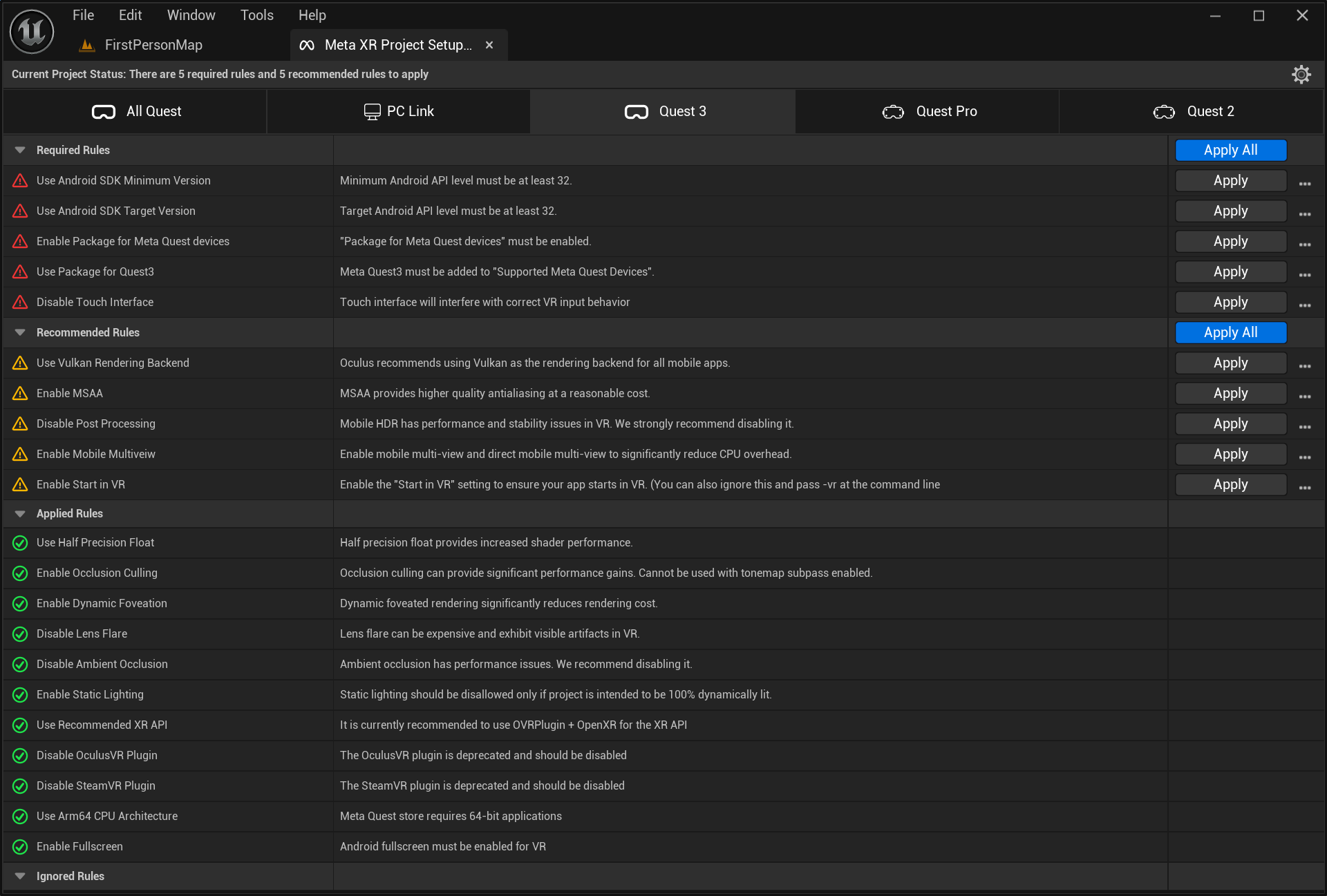 Meta XR Plugin - Project Setup Tool (Unoptimized Settings - Quest 3 Tab)