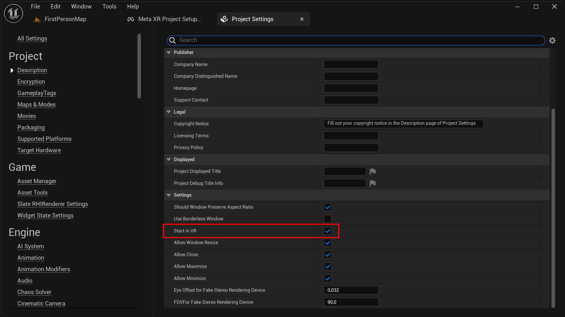 Project Settings - Description - Start in VR