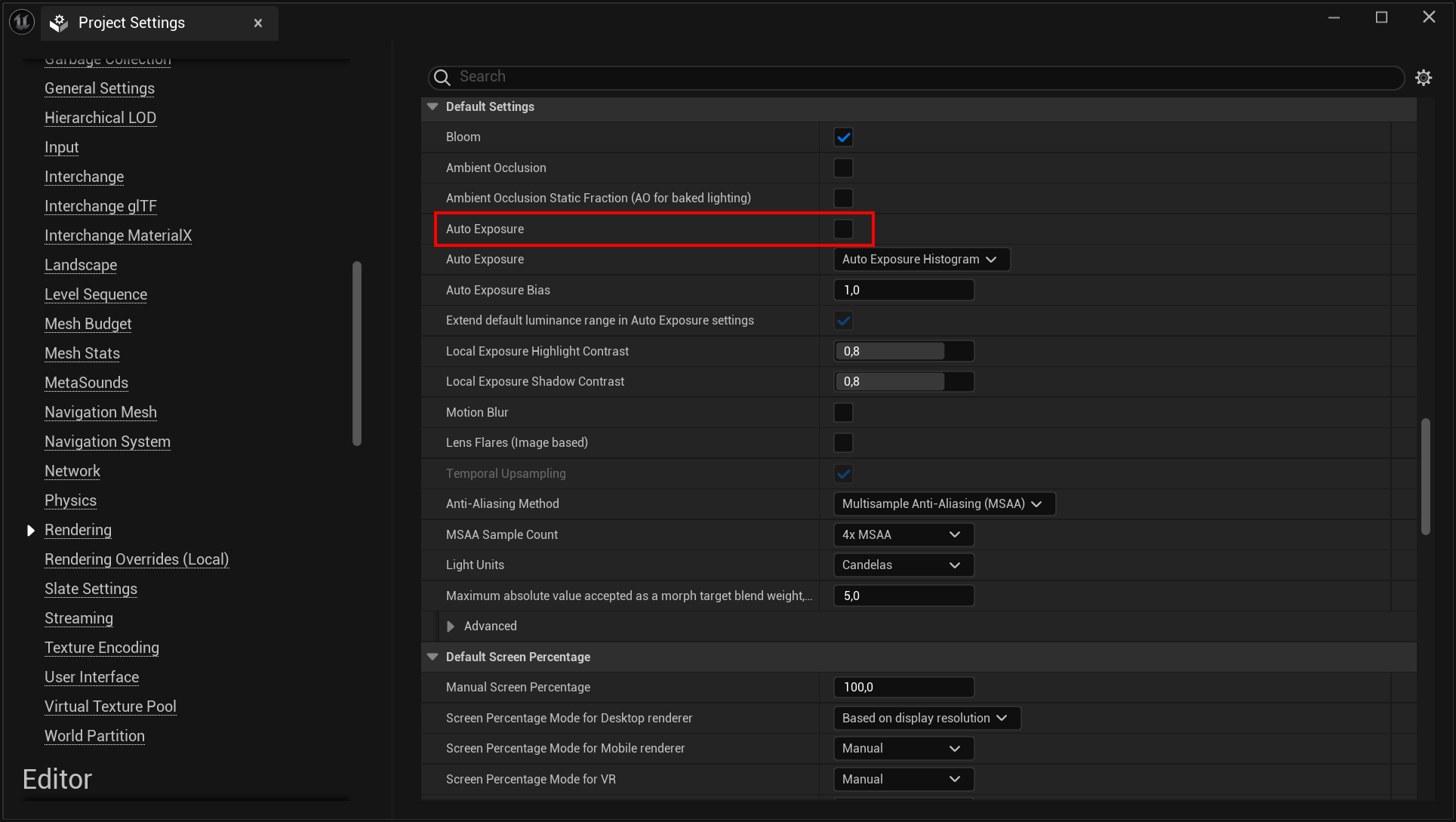 Standalone Mode (Mobile) - Rendering Settings - Auto Exposure