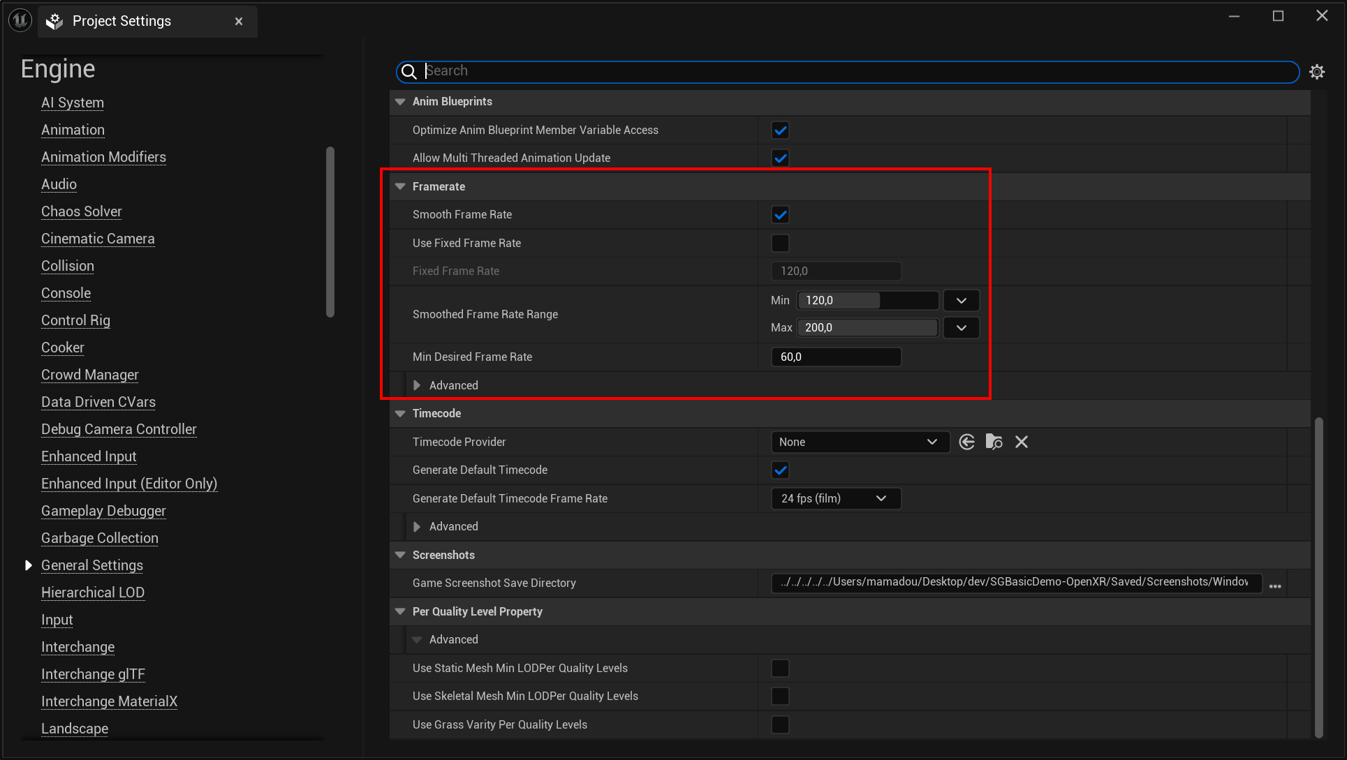 Meta Quest Link - Framerate settings for the Unreal project