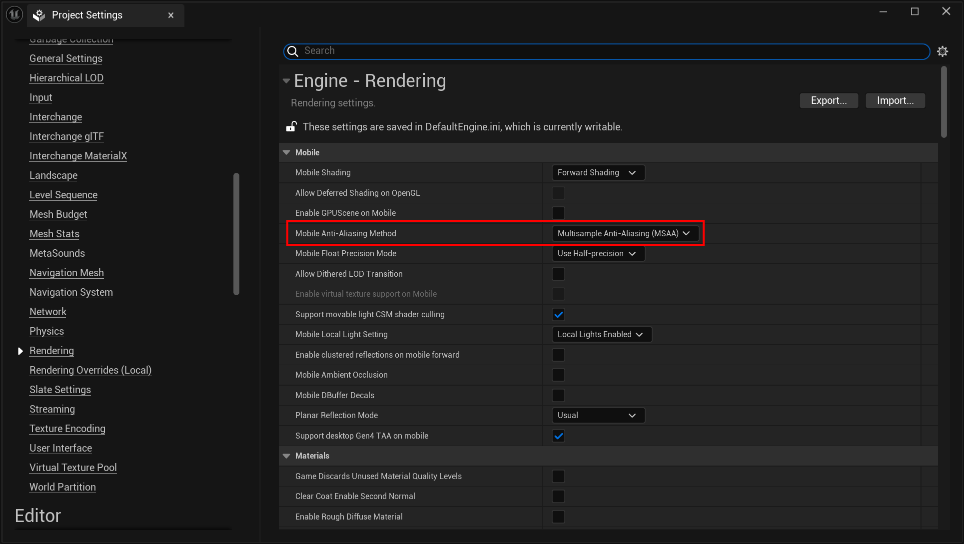 Standalone Mode (Mobile) - Rendering Settings - Mobile Anti-Aliasing Method