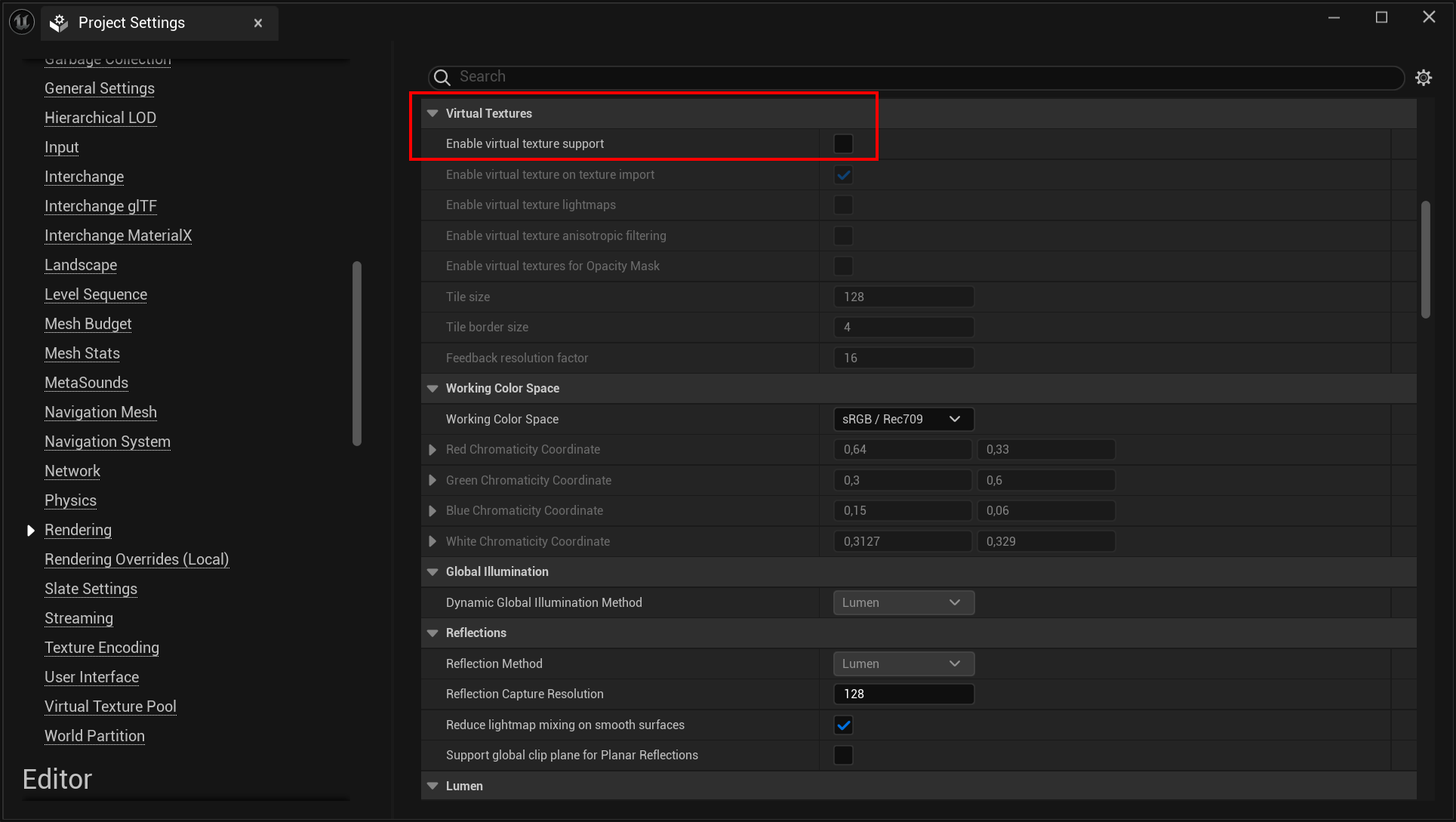 Standalone Mode (Mobile) - Rendering Settings - Enable Virtual Texture Support